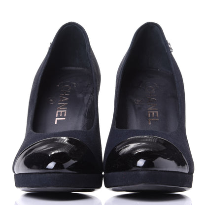 Chanel Suede Patent Calfskin Cap Toe CC Pumps 36.5 Navy 2 of 10