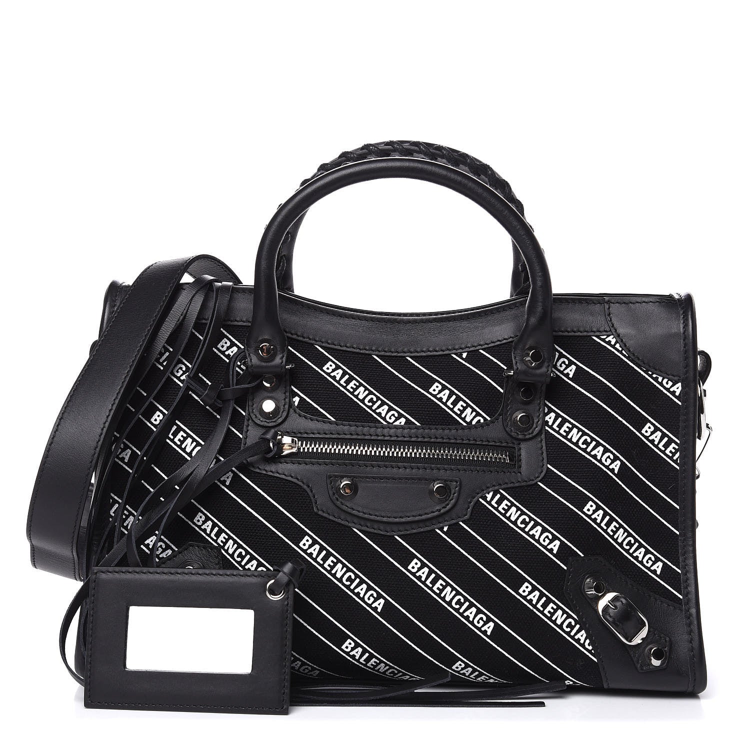 Balenciaga Canvas Satin Calfskin Diagonal Allover Logo Print Classic Silver Hardware S City Black White 1 of 11