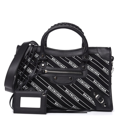 Balenciaga Canvas Satin Calfskin Diagonal Allover Logo Print Classic Silver Hardware S City Black White 1 of 11