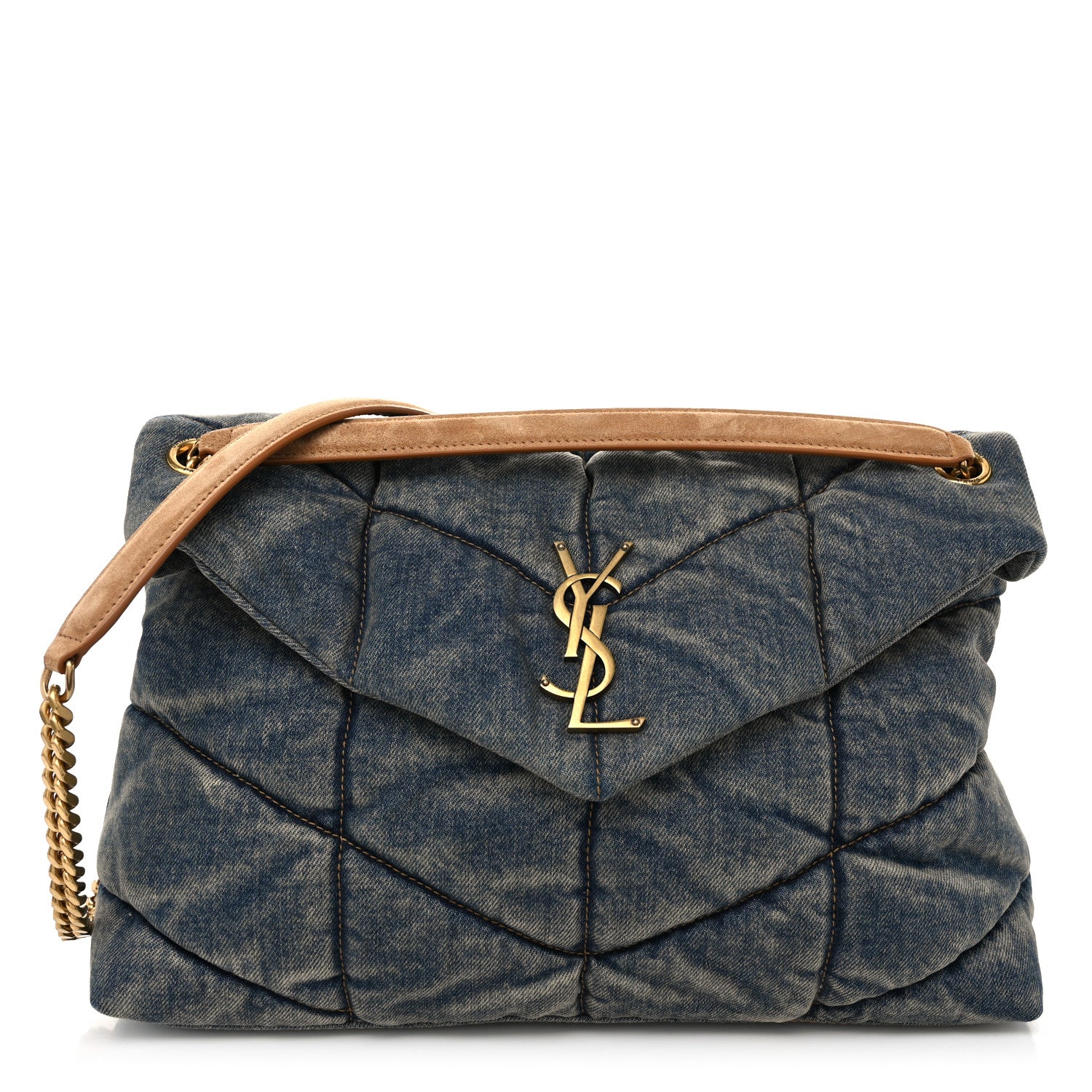 Saint Laurent Denim Quilted Medium Loulou Puffer Monogram Chain Satchel Blue Cinnamon 1 of 10