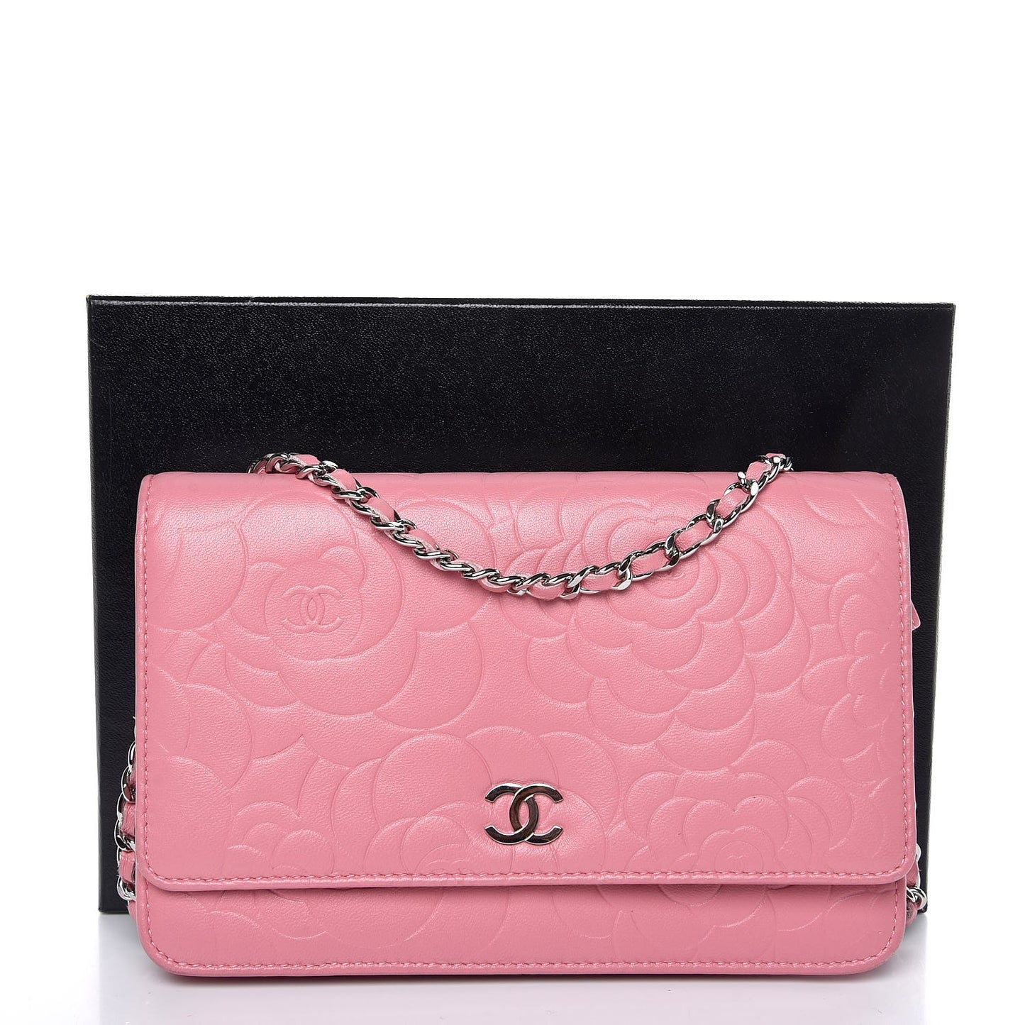 Lambskin Camellia Embossed Wallet On Chain WOC Pink