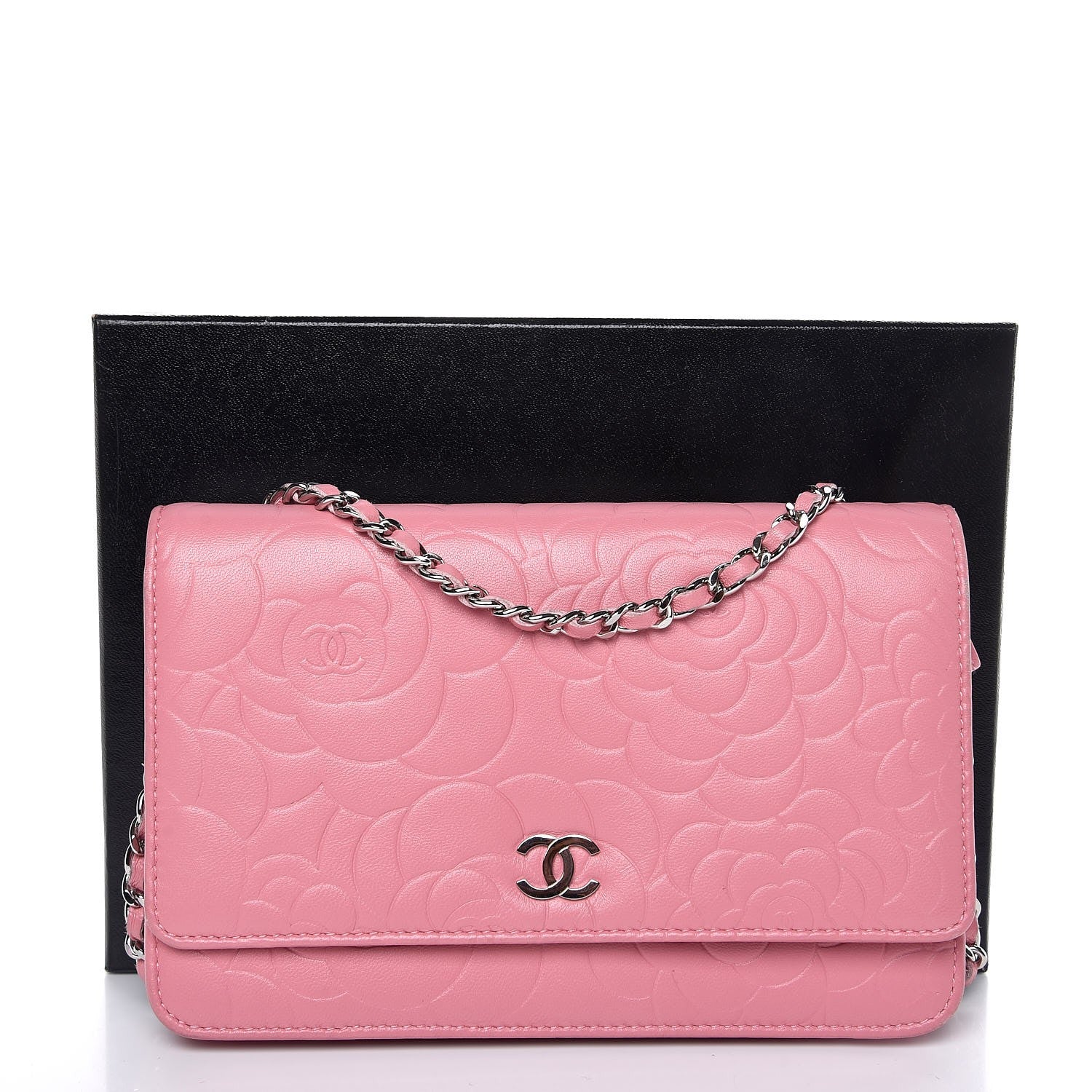 Chanel Lambskin Camellia Embossed Wallet On Chain WOC Pink 9 of 9