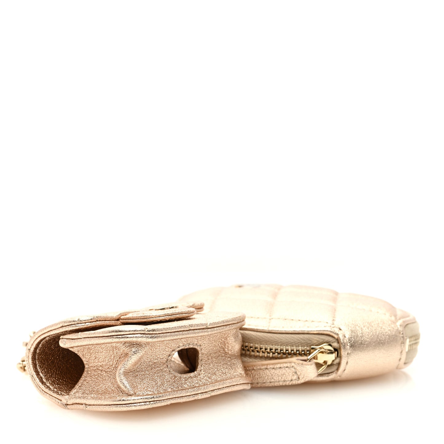 Metallic Lambskin Quilted Round Clip On Coin Purse Airpods Case Gold