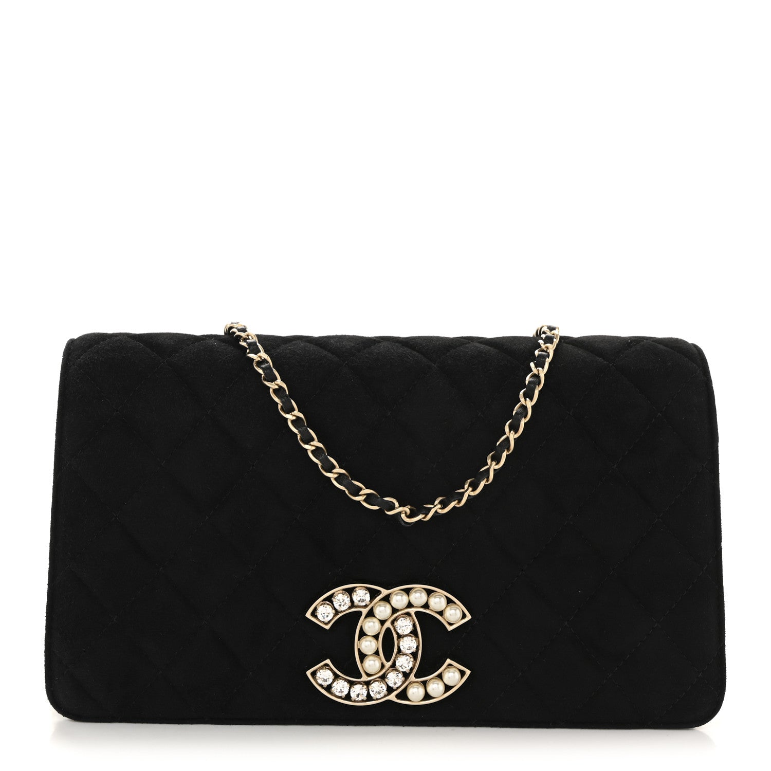Chanel Suede Quilted Crystal Pearl CC Flap Black 1 of 12
