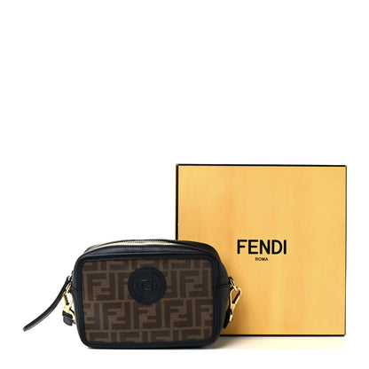 Fendi Glazed Fabric Vitello Century FF 1974 Stamp Patch Mini Camera Case Mogano Panna Black 12 of 12