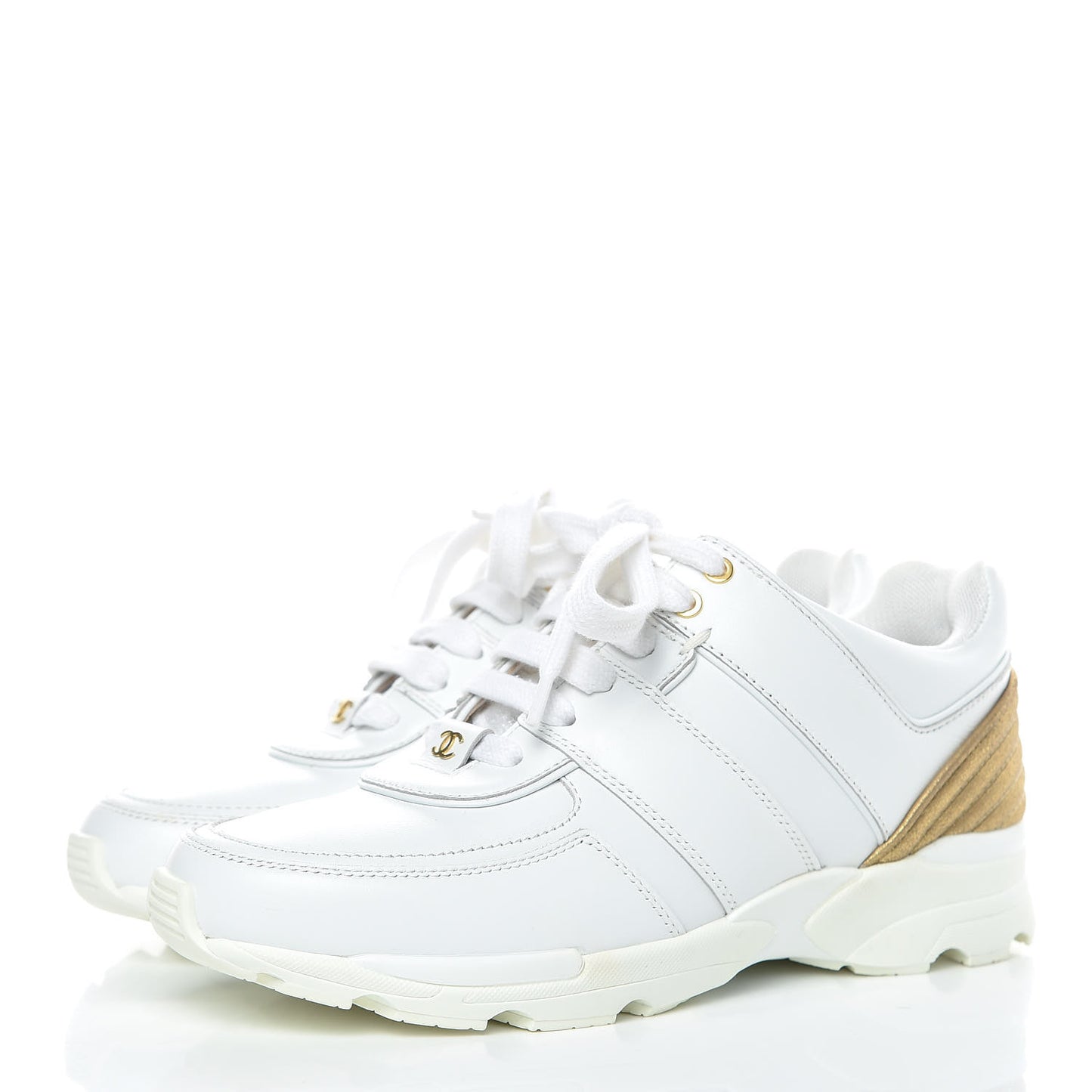 Calfskin Laminated Lambskin Womens CC Sneakers 37 White Gold