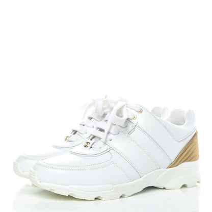 Chanel Calfskin Laminated Lambskin Womens CC Sneakers 37 White Gold 3 of 10