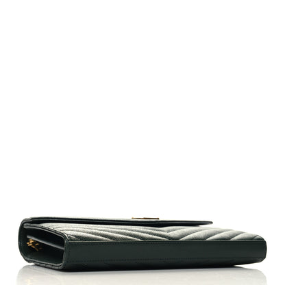 Saint Laurent Grain De Poudre Matelasse Chevron Monogram Chain Wallet Dark Green 4 of 10