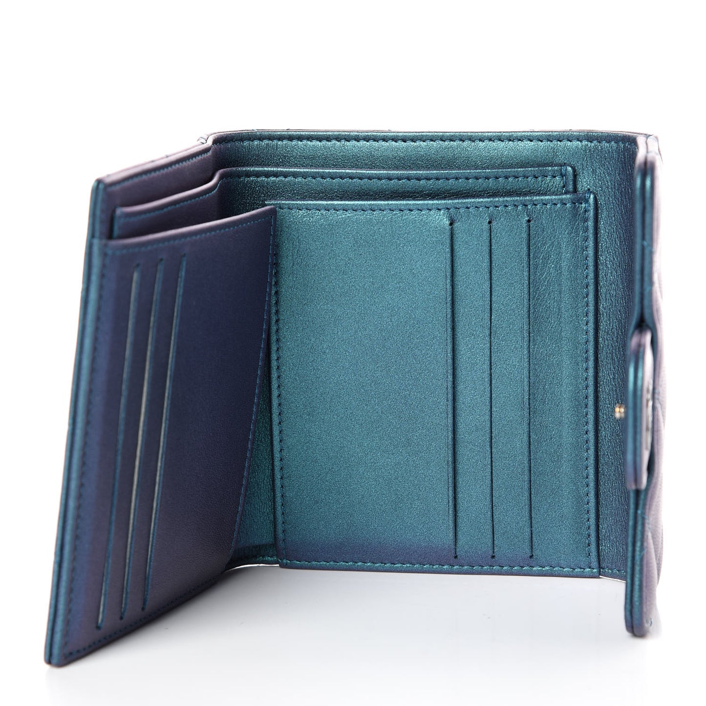Iridescent Lambskin Quilted Small Compact Wallet Turquoise