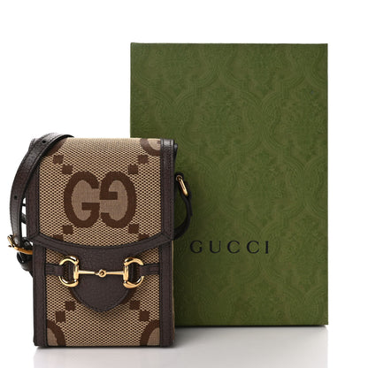 Gucci Monogram Jumbo GG Textured Dollar Calfskin Mini Horsebit 1955 Crossbody Bag Camel Ebony New Acero 10 of 10