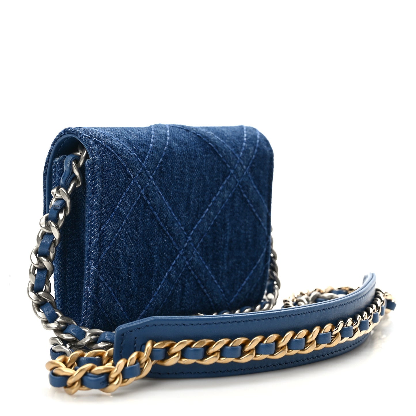 Denim Quilted Chanel 19 Flap Coin Purse With Chain Blue