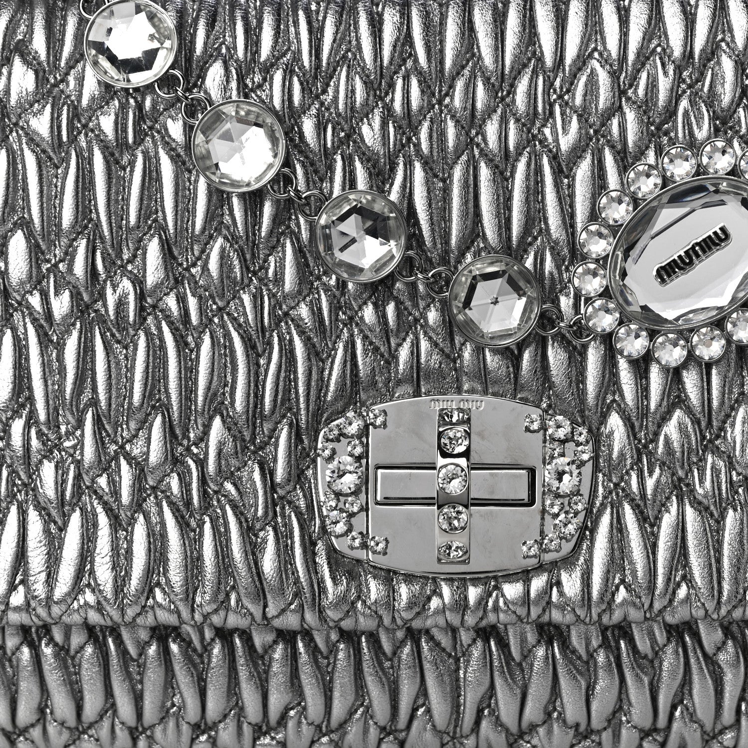 Miu Miu Nappa Matelasse Crystal Flap Clutch Cromo 10 of 12