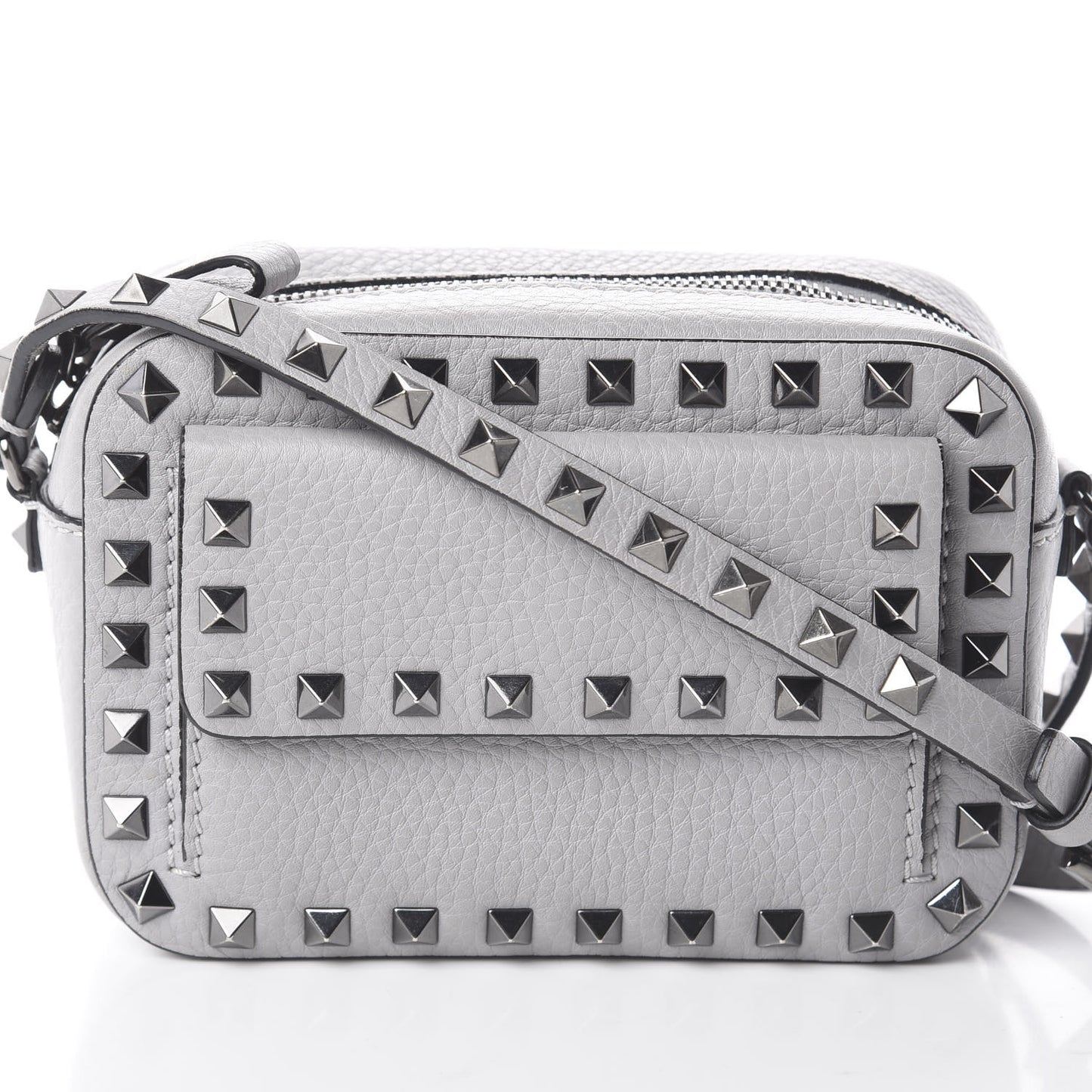 Grained Calfskin Small Rockstud Flap Pocket Camera Crossbody Bag Pastel Grey