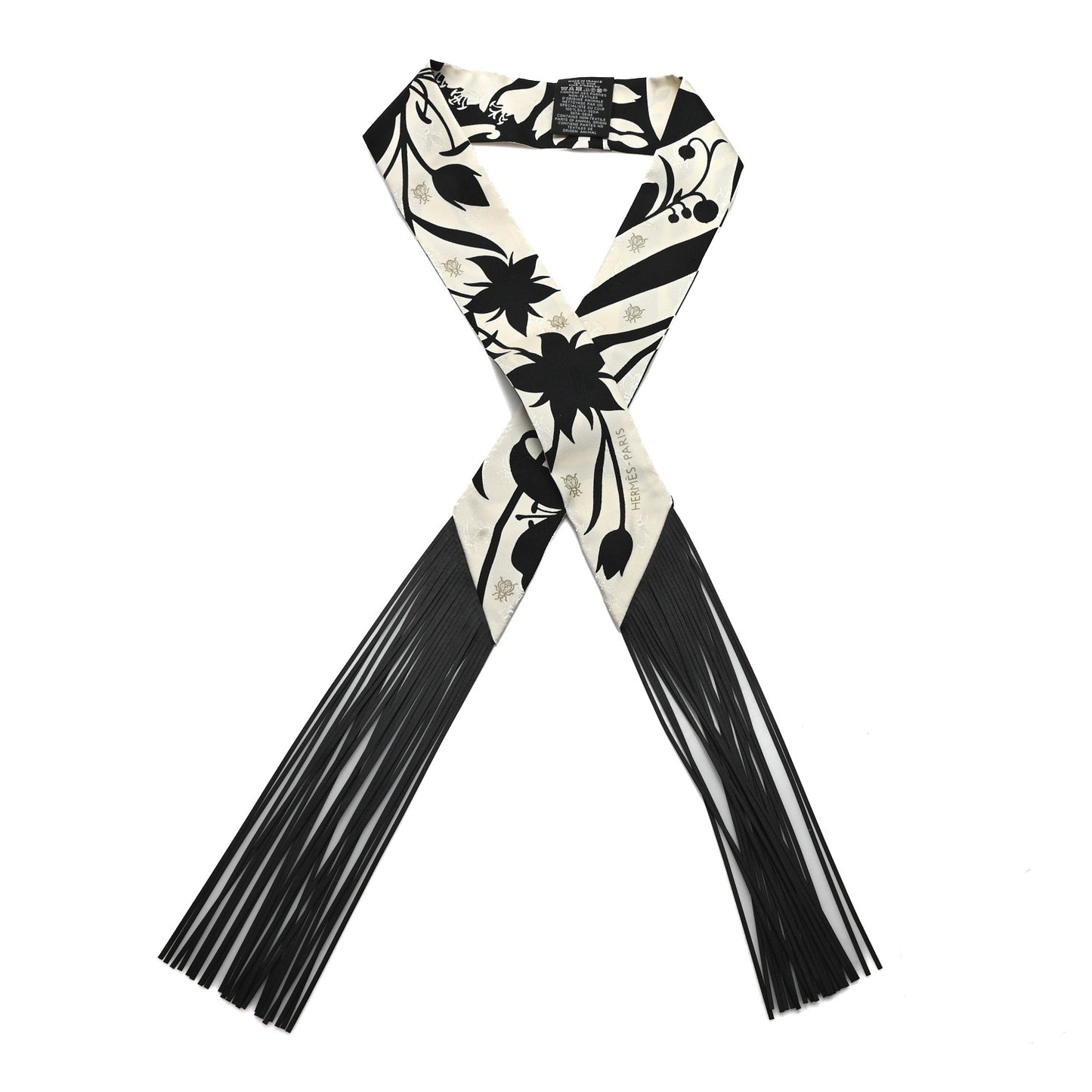 Silk Calfskin Bouquet Final Fringed Twilly Creme Black