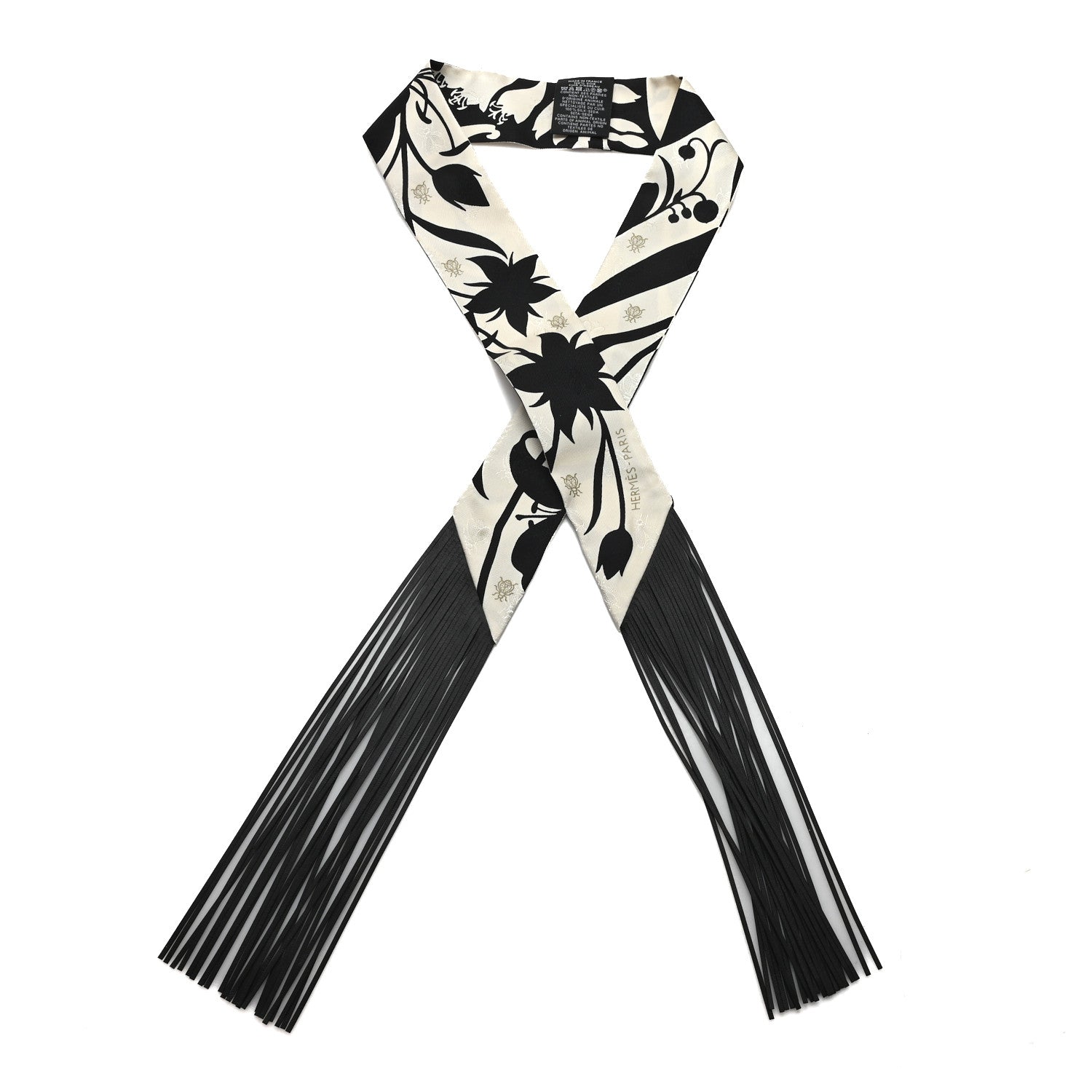 Hermes Silk Calfskin Bouquet Final Fringed Twilly Creme Black 1 of 3