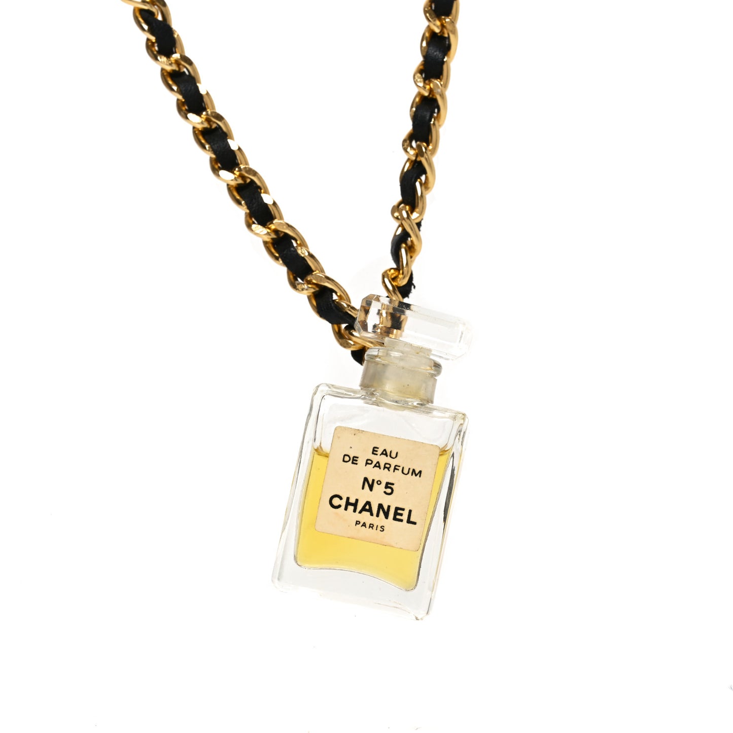 Metal Lambskin Resin CC No 5 Perfume Bottle Necklace Gold Black