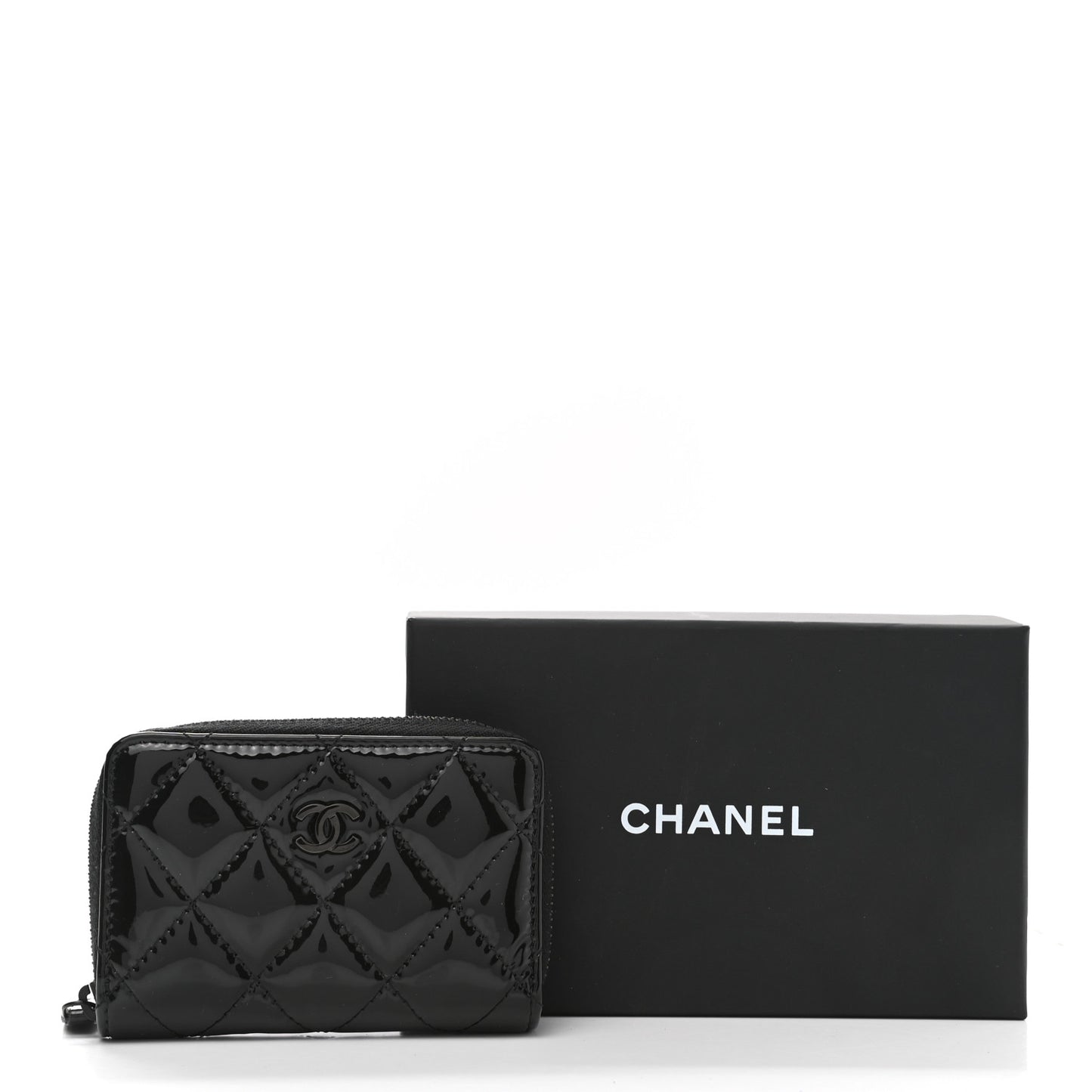 Patent Calfskin Quilted Zip Coin Purse Wallet So Black