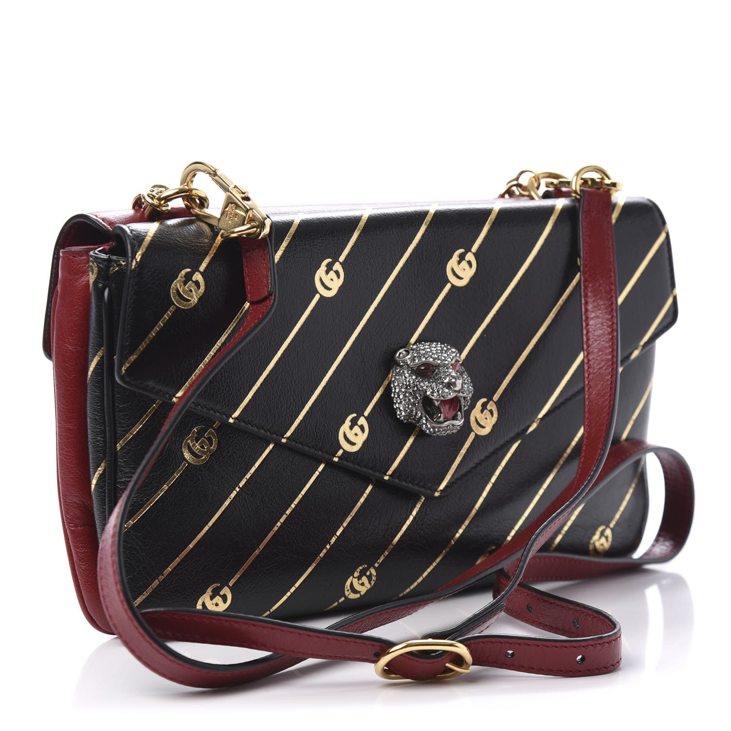 Gucci Calfskin Diagonal GG Medium Thiara Double Envelope Shoulder Bag Black Red 4 of 12
