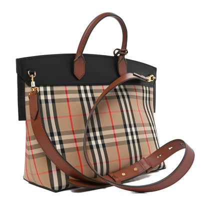 Burberry Calfskin Vintage Check Small Society Top Handle Bag Archive Beige Black 3 of 11