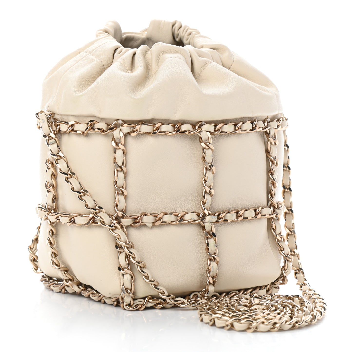 Lambskin Bucket Chain Drawstring Bag Beige