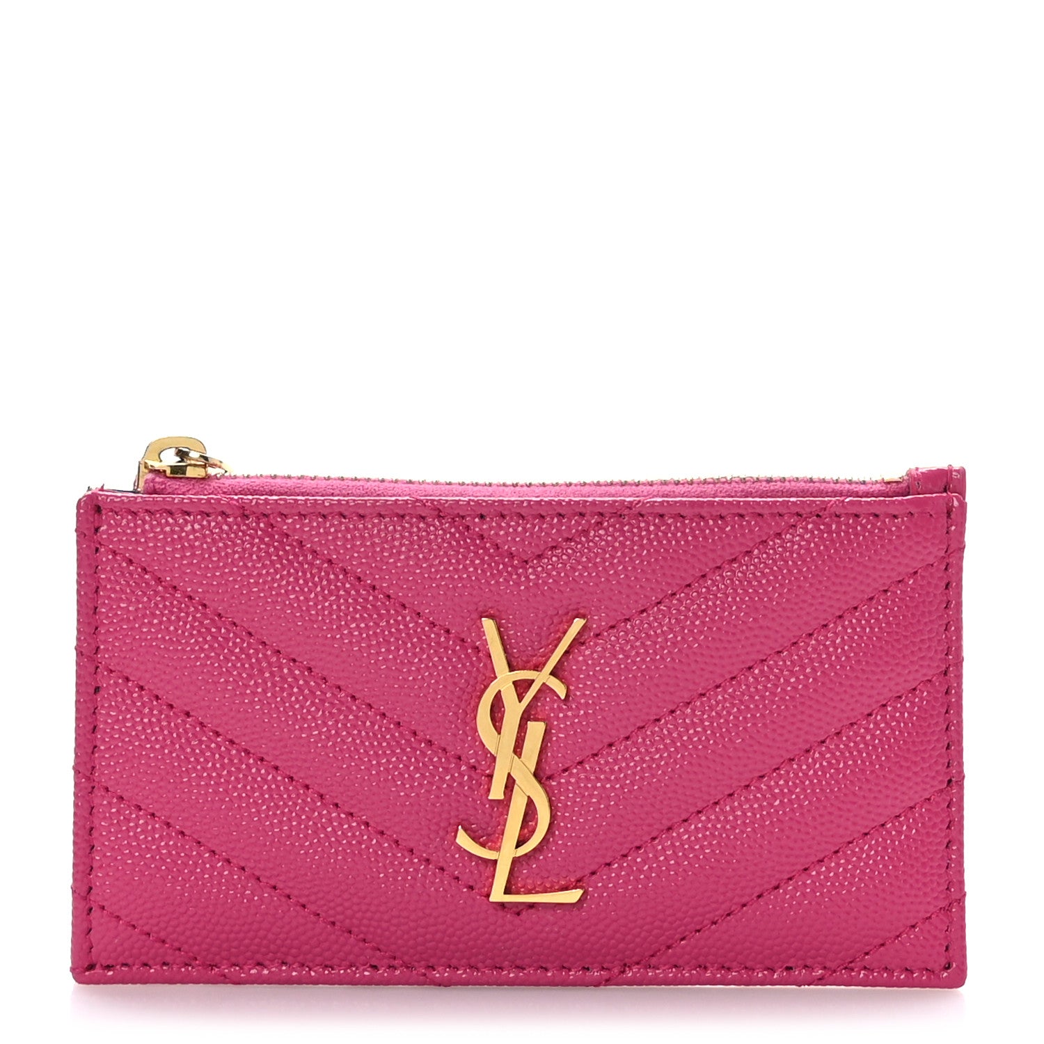 Saint Laurent Grain De Poudre Matelasse Chevron Monogram Fragments Zippered Card Case Fresh Fuxia 1 of 6