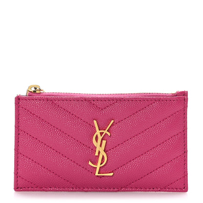 Saint Laurent Grain De Poudre Matelasse Chevron Monogram Fragments Zippered Card Case Fresh Fuxia 1 of 6