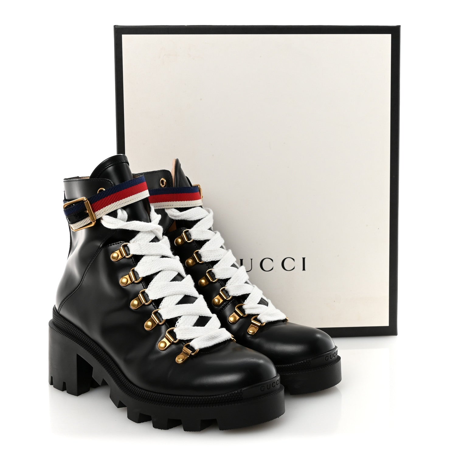 Gucci Calfskin Sylvie Web Womens Lace Up Combat Boots 38 Black 10 of 10