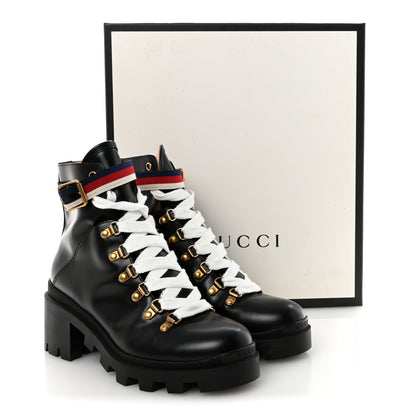 Gucci Calfskin Sylvie Web Womens Lace Up Combat Boots 38 Black 10 of 10