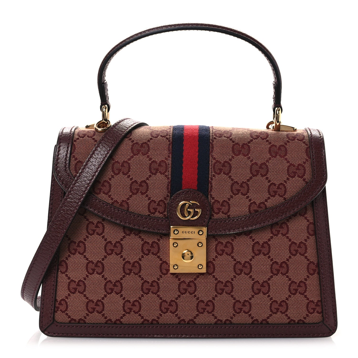 Gucci GG Supreme Monogram Textured Dollar Calfskin Web Small Ophidia Padlock Top Handle Bag Bordeaux 1 of 10