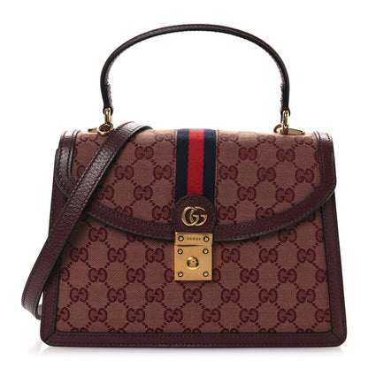 Gucci GG Supreme Monogram Textured Dollar Calfskin Web Small Ophidia Padlock Top Handle Bag Bordeaux 1 of 10