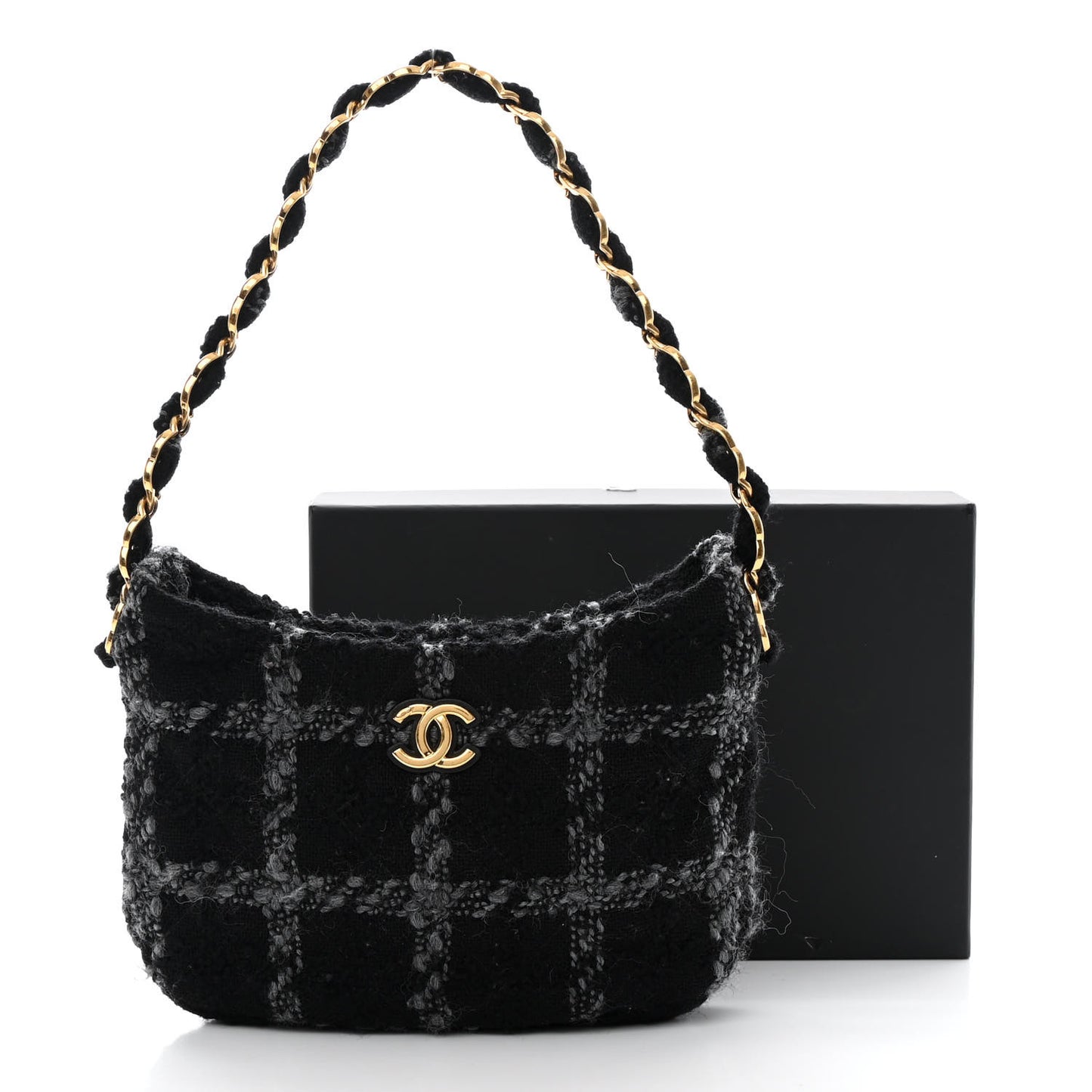 Cashmere Tweed Quilted CC Links Hobo Black Grey