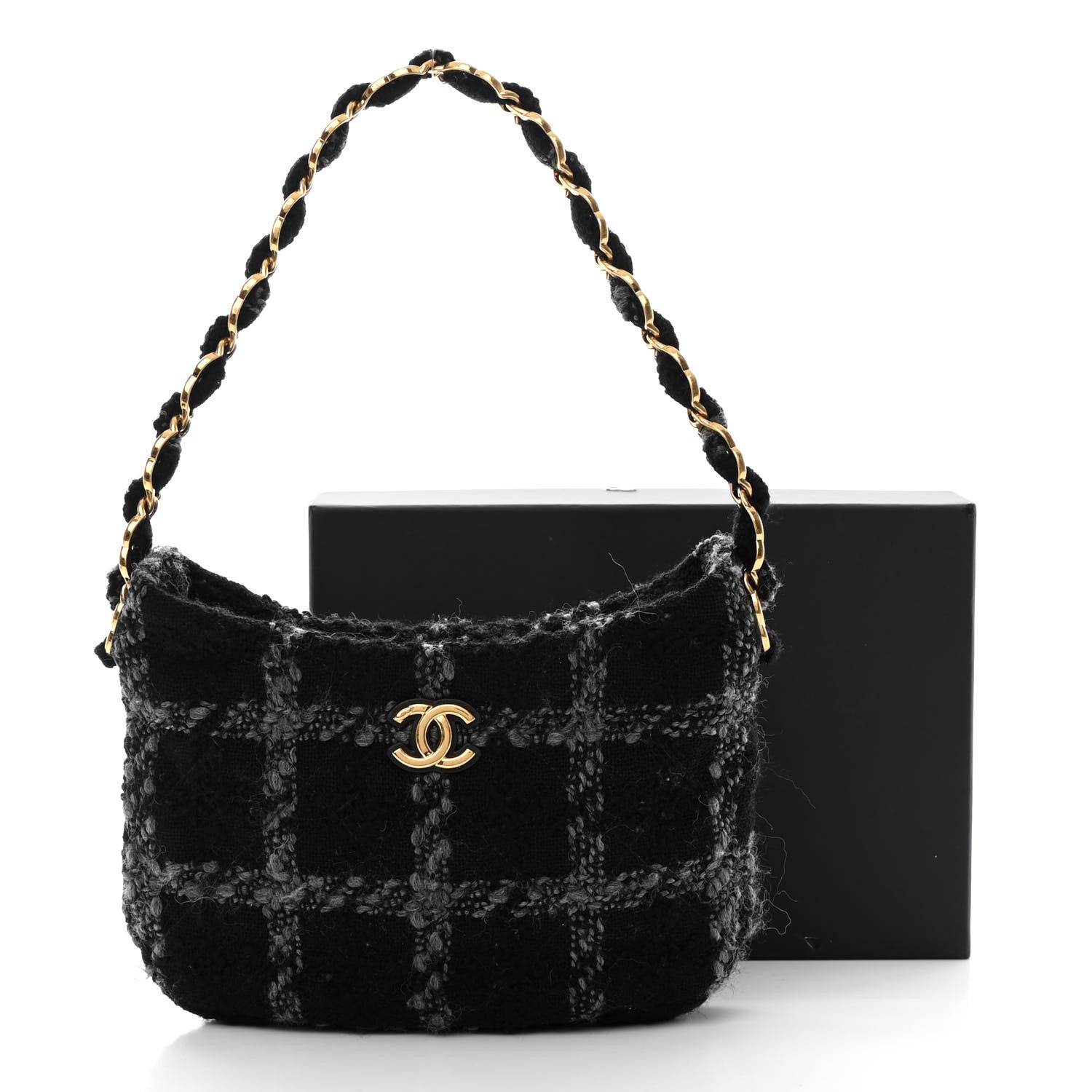 Chanel Cashmere Tweed Quilted CC Links Hobo Black Grey 12 of 12