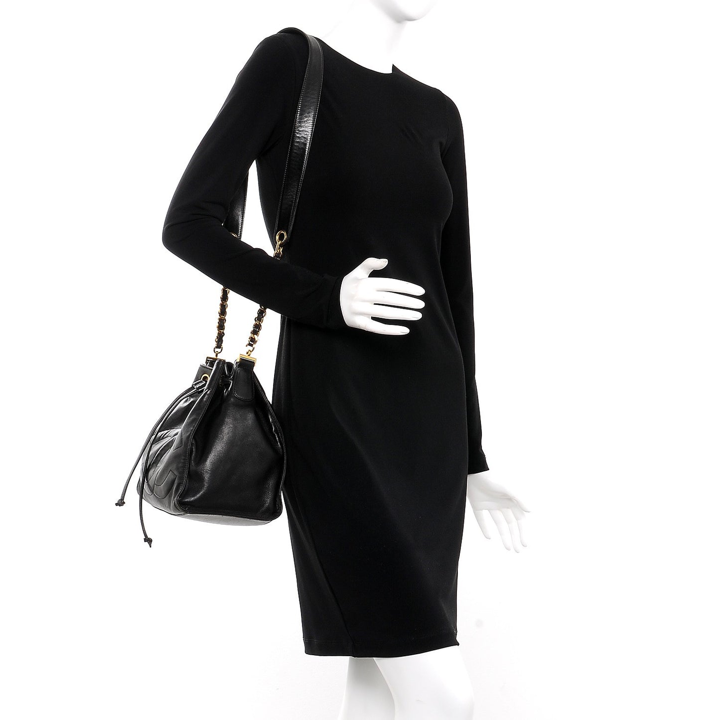 Lambskin CC Drawstring Shoulder Bag Black