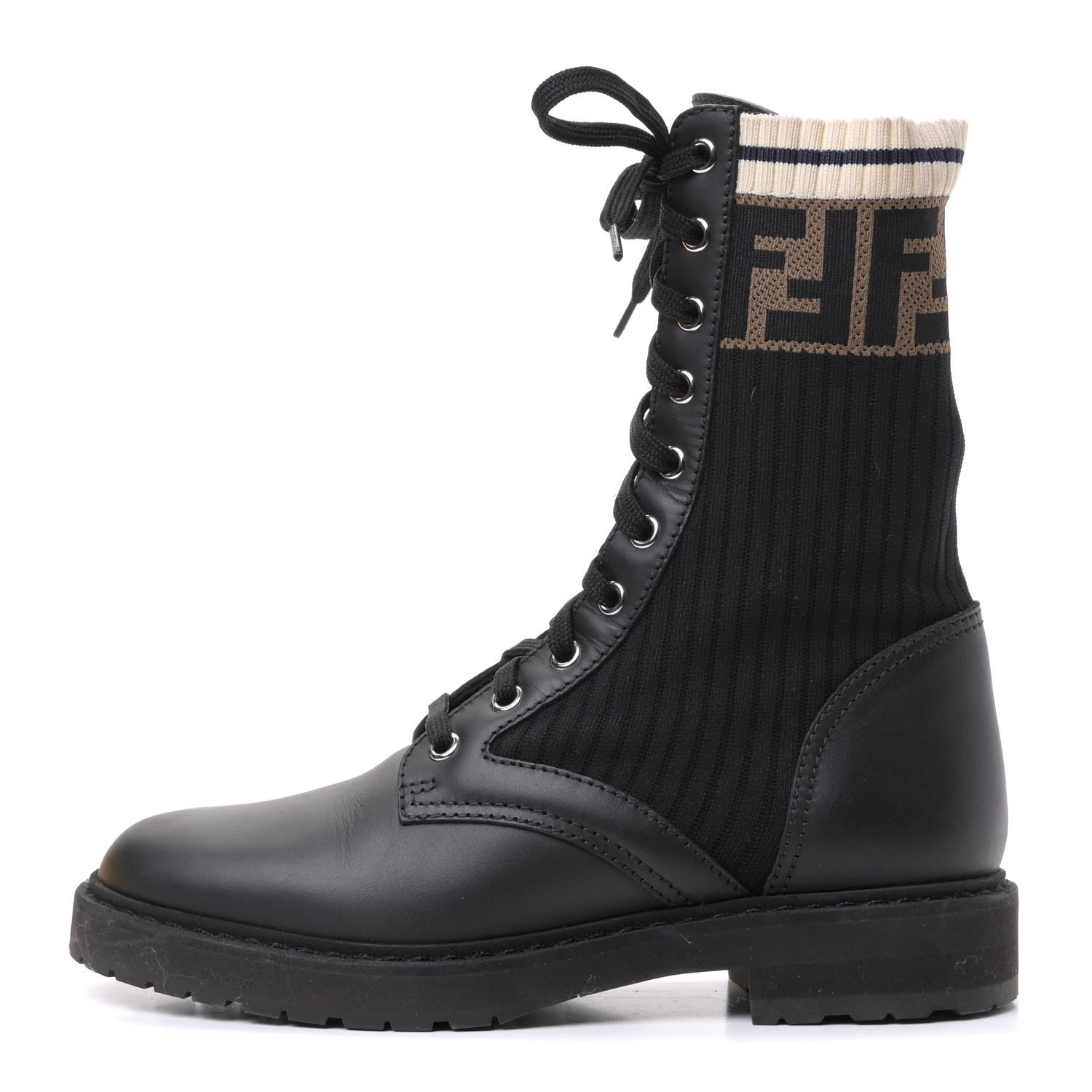 Fendi Calfskin Stretch Fabric Rockoko Biker Boots 36 Tobacco Black Marino 1 of 4
