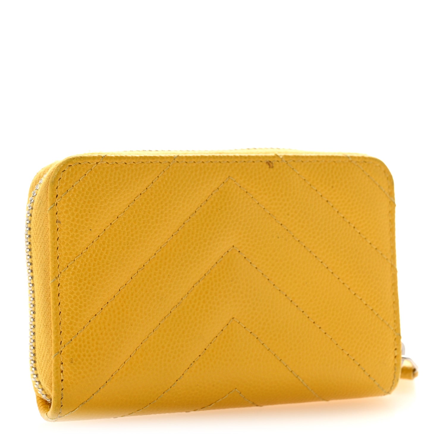Chanel Caviar Chevron Quilted Zip Coin Purse Yellow 3 of 9