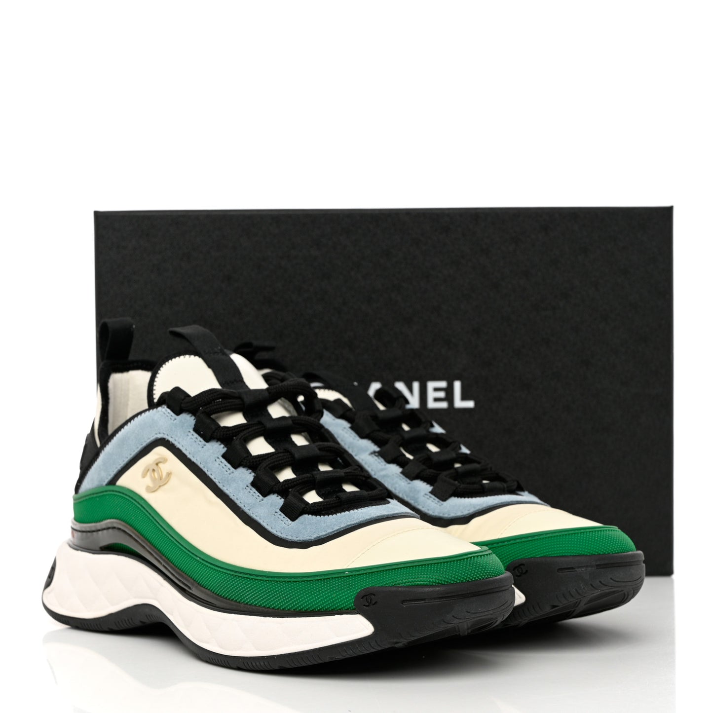 Suede Calfskin Mixed Fibers CC Sneakers 41 Ivory Green Light Blue
