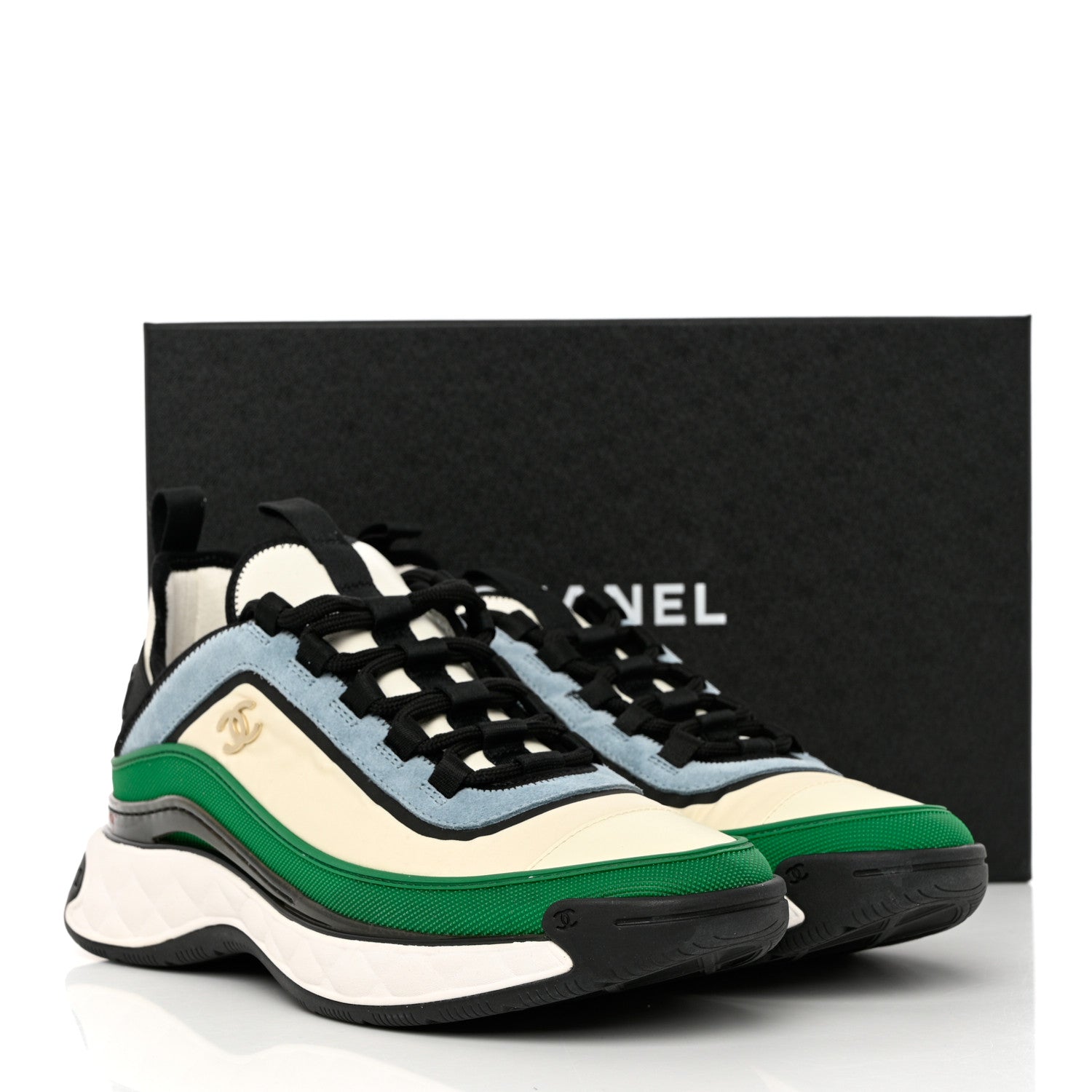 Chanel Suede Calfskin Mixed Fibers CC Sneakers 41 Ivory Green Light Blue 9 of 9