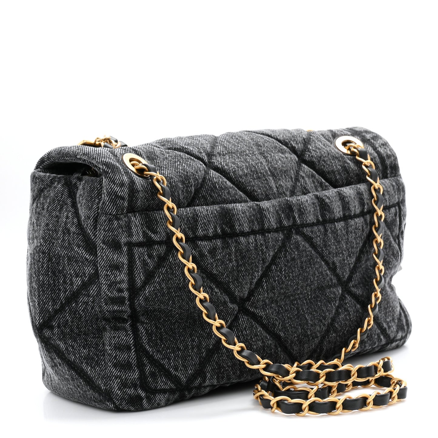Washed Denim Quilted Large Flap Bag Black