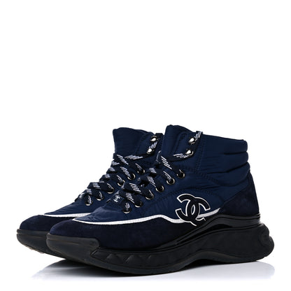 Chanel Fabric Calfskin Suede Womens CC Sneakers 37 Navy 4 of 13