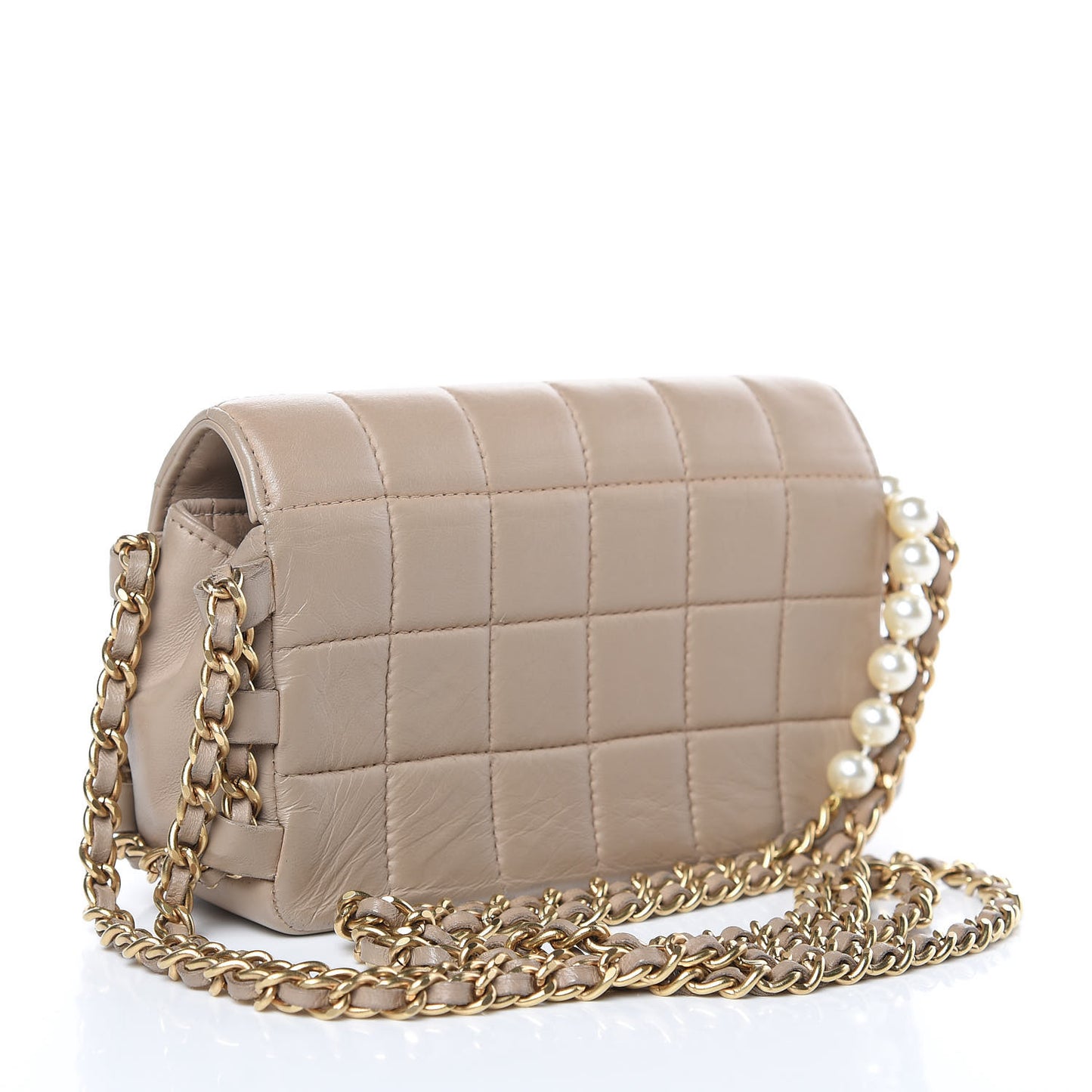 Lambskin Extra Mini Chocolate Bar Pearl Chain Flap Beige