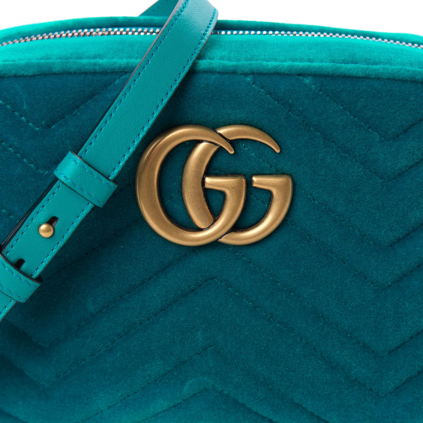 Velvet Matelasse Small GG Marmont Chain Shoulder Bag Pavone Cyan