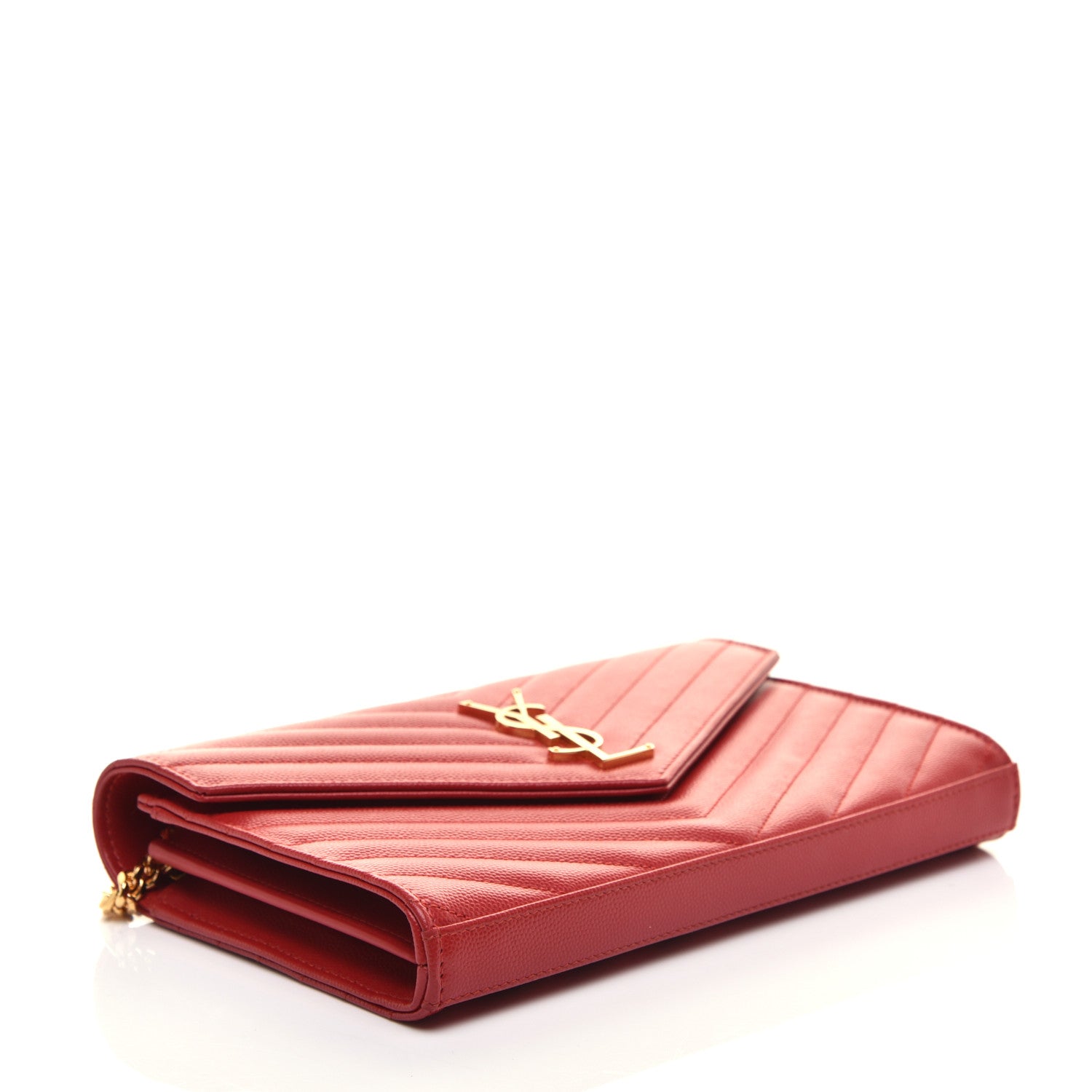 Saint Laurent Grain De Poudre Matelasse Chevron Monogram Chain Wallet New Red 4 of 12