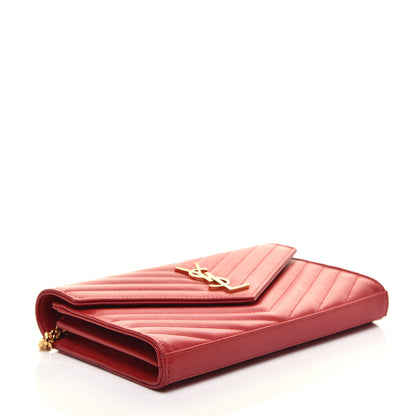Saint Laurent Grain De Poudre Matelasse Chevron Monogram Chain Wallet New Red 4 of 12