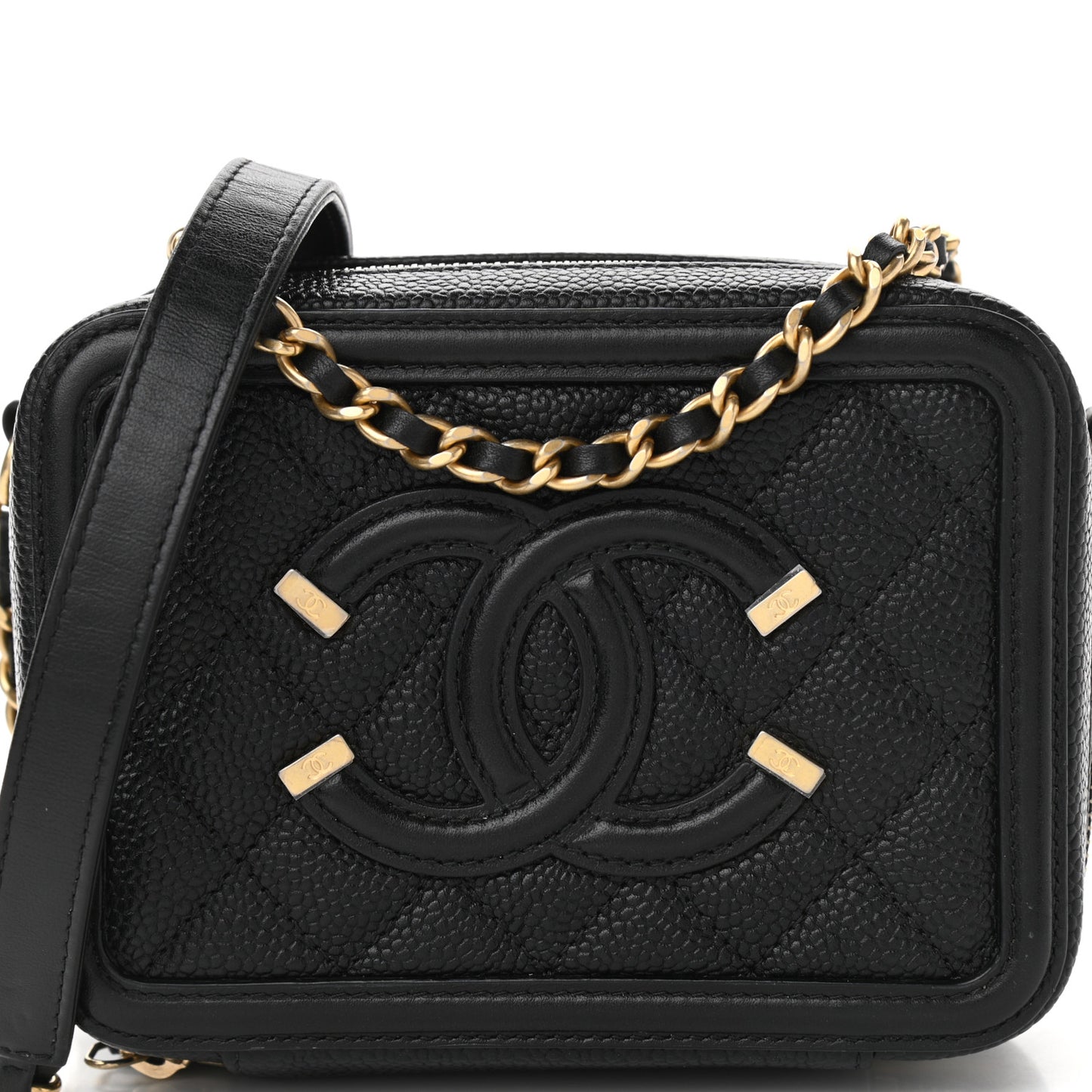 Caviar Quilted CC Filigree Vanity Clutch With Chain Black