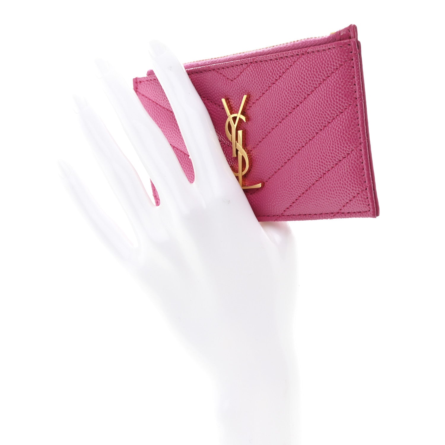 Saint Laurent Grain De Poudre Matelasse Chevron Monogram Fragments Zippered Card Case Fresh Fuxia 2 of 8