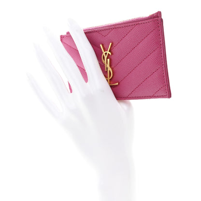 Saint Laurent Grain De Poudre Matelasse Chevron Monogram Fragments Zippered Card Case Fresh Fuxia 2 of 8
