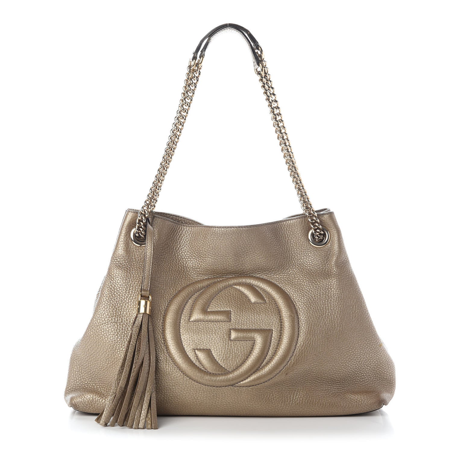 Gucci Metallic Pebbled Calfskin Medium Soho Chain Shoulder Bag Golden Beige 1 of 10