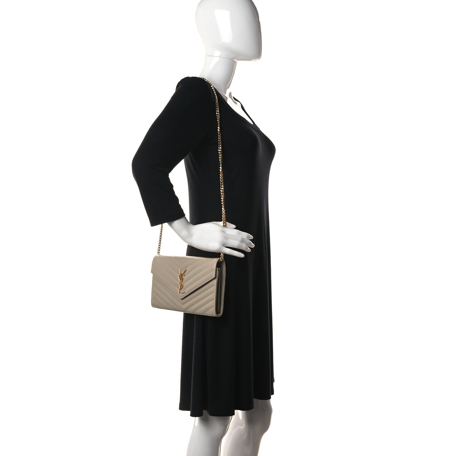 Saint Laurent Grain De Poudre Matelasse Chevron Monogram Chain Wallet Dark Beige 2 of 17