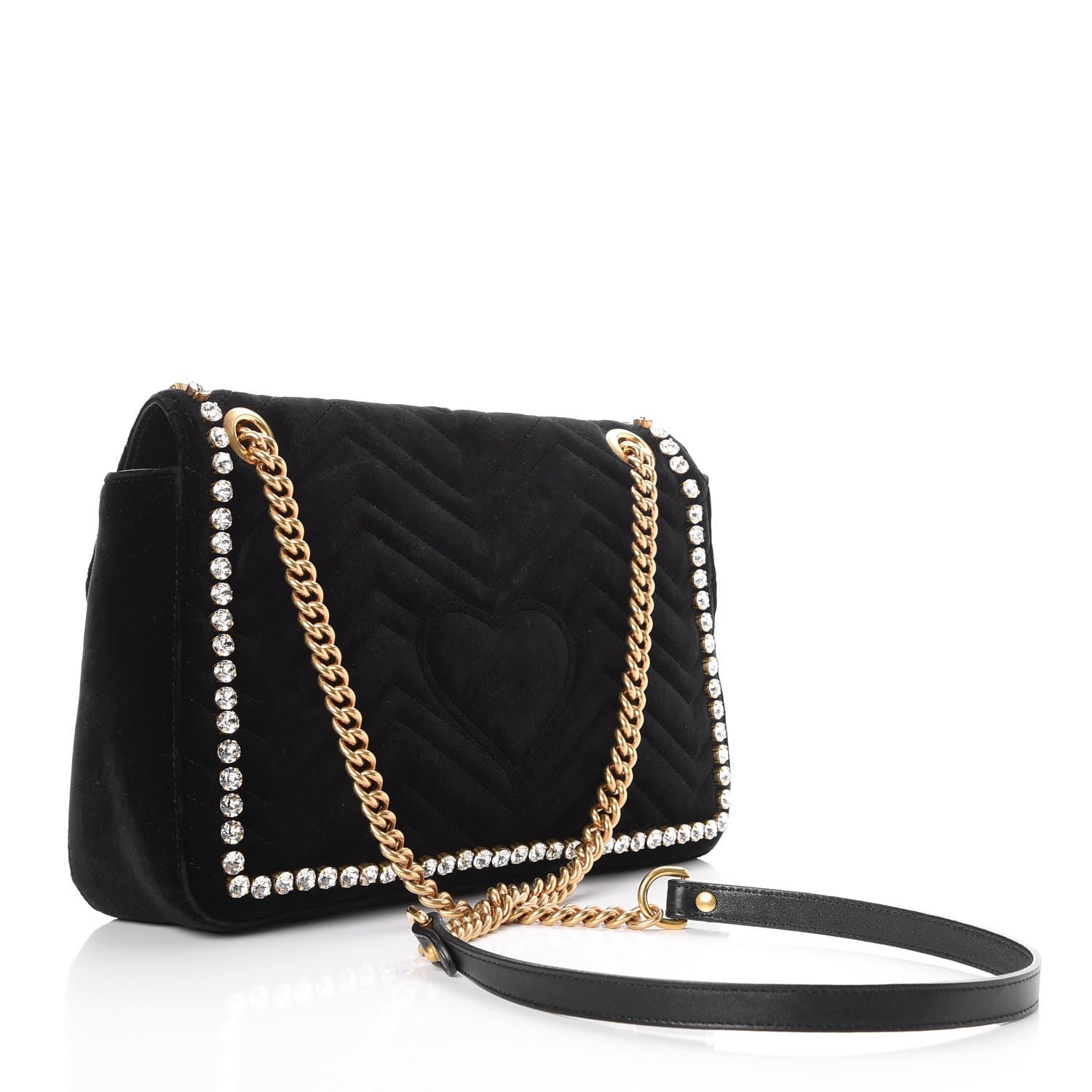 Gucci Velvet Matelasse Crystal Medium GG Marmont Shoulder Bag Black 3 of 9