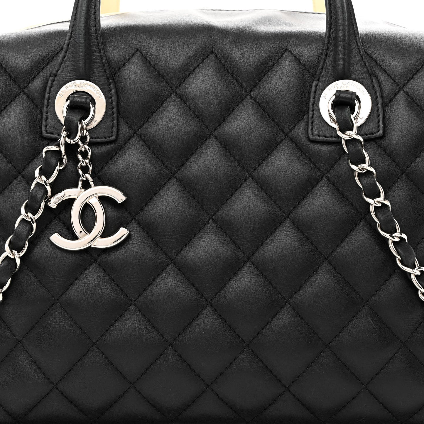 Calfskin Quilted Large Feather Weight Bowling Bag Black Ivory